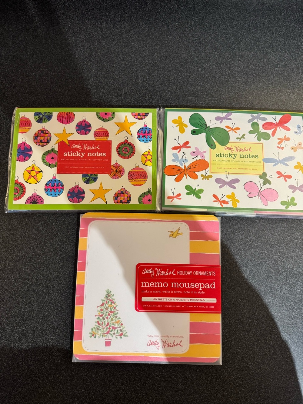 Andy Warhol Christmas sticky notes, memo pad/mouse pad butterfly sticky notes.
